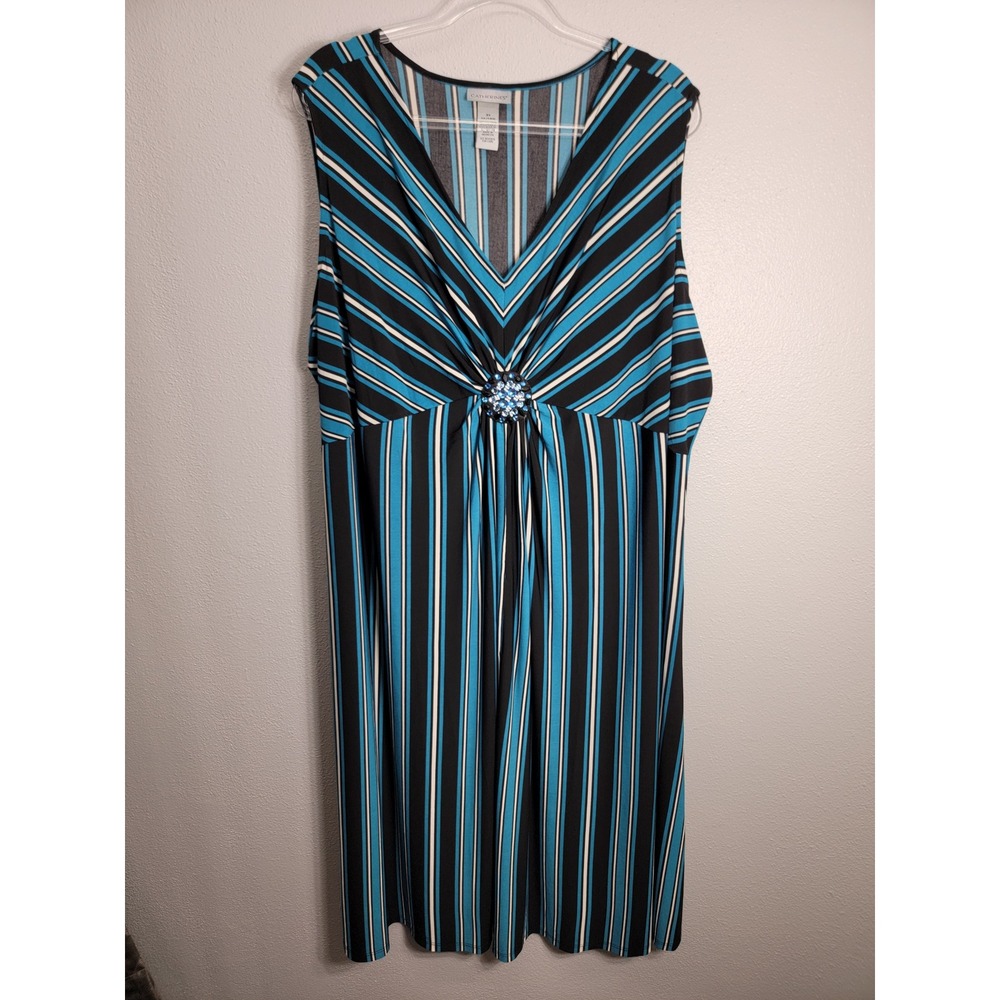 Catherines Womens 3X Dress Blue Black Striped Beaded Medallion Sleeveless V-Neck - Picture 6 of 7
